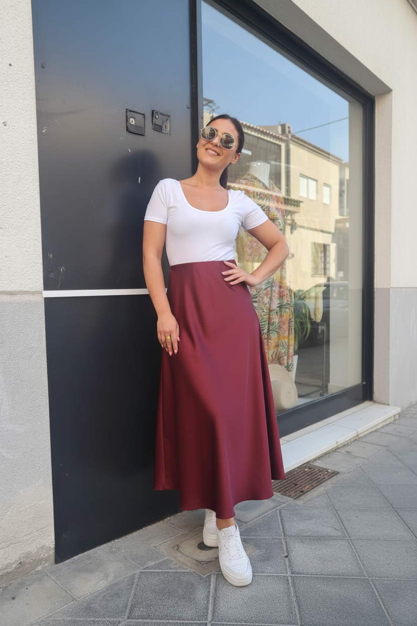 Gonna midi satin bordeaux indossata da modella