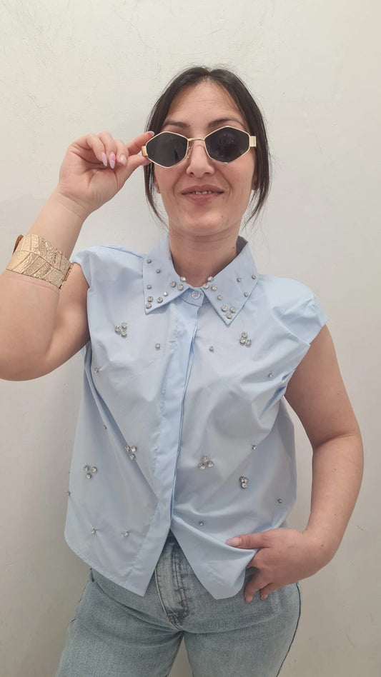 Camicia Crop in Cotone con Strass