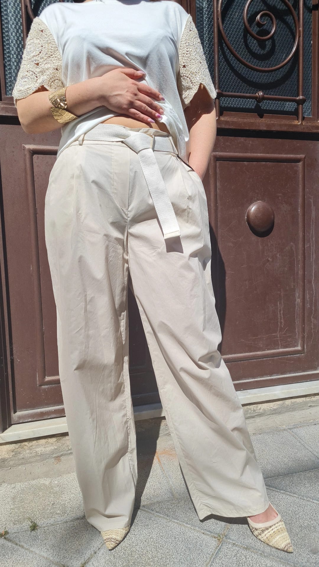 Pantalone in Cotone a Gamba Larga con Cintura