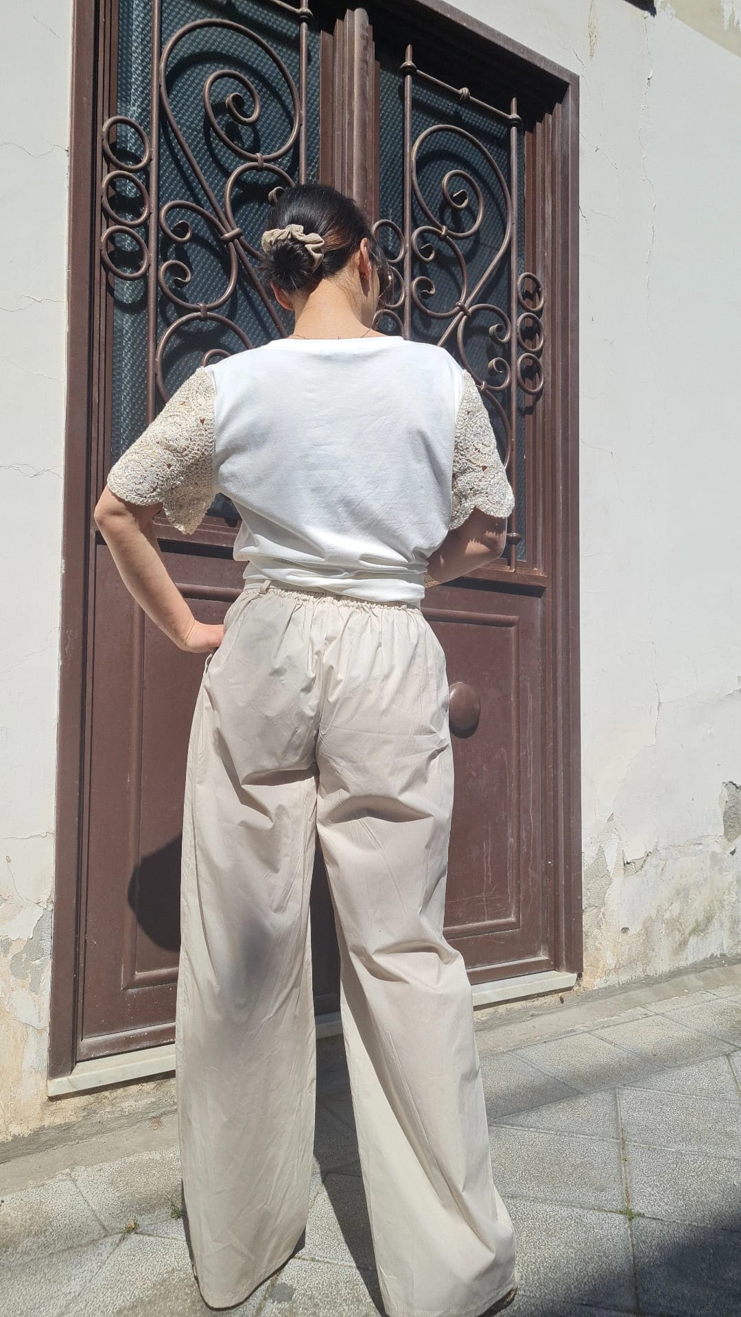 Pantalone in Cotone a Gamba Larga con Cintura