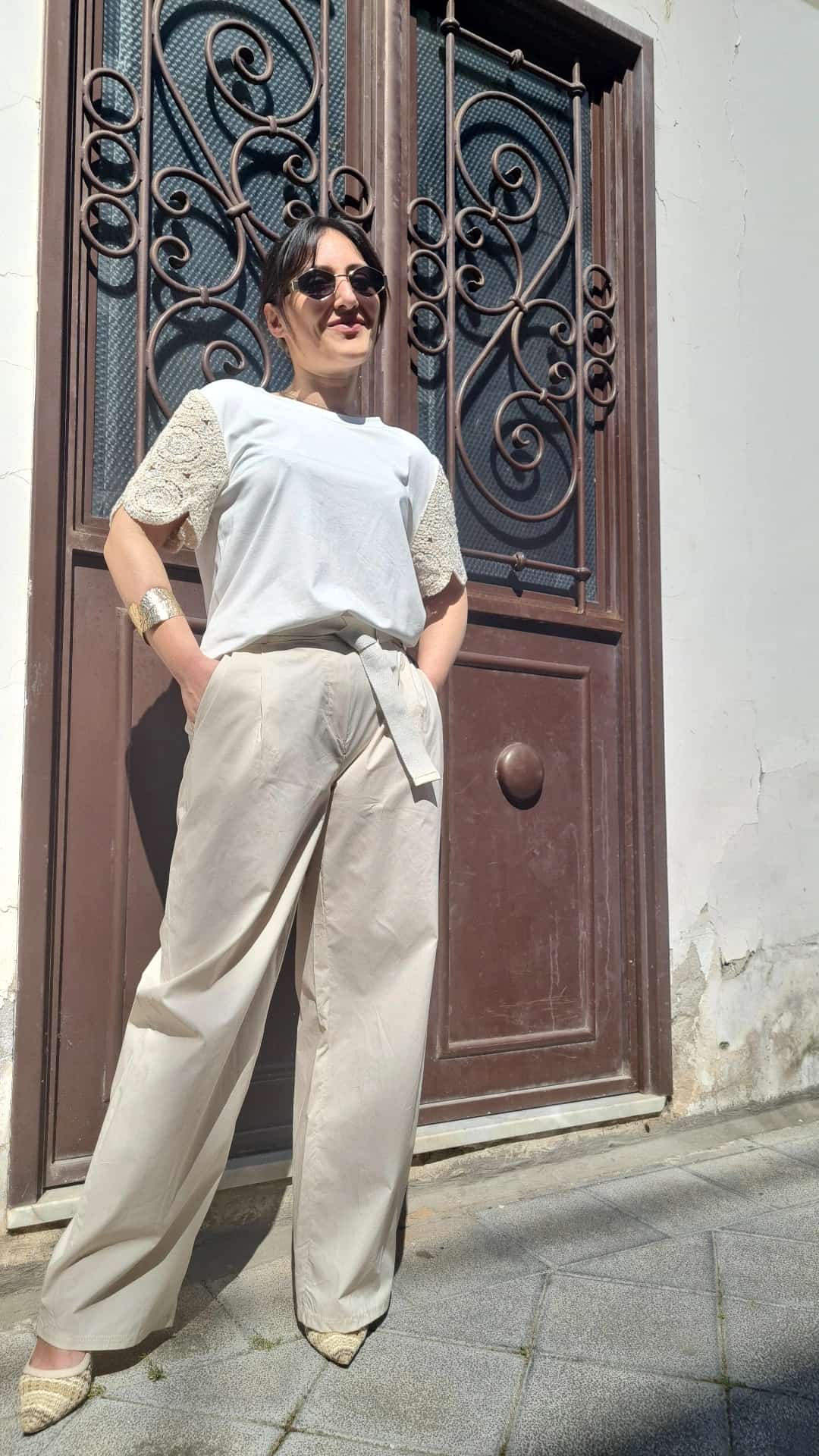 Pantalone in Cotone a Gamba Larga con Cintura
