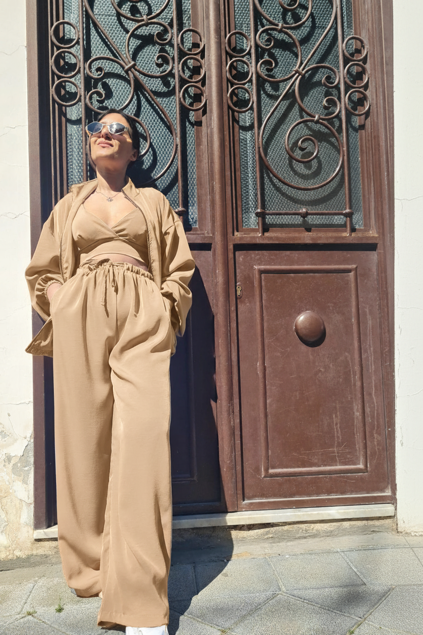 Completo 3 Pezzi: Giacca, Top e Pantalone Wide Leg