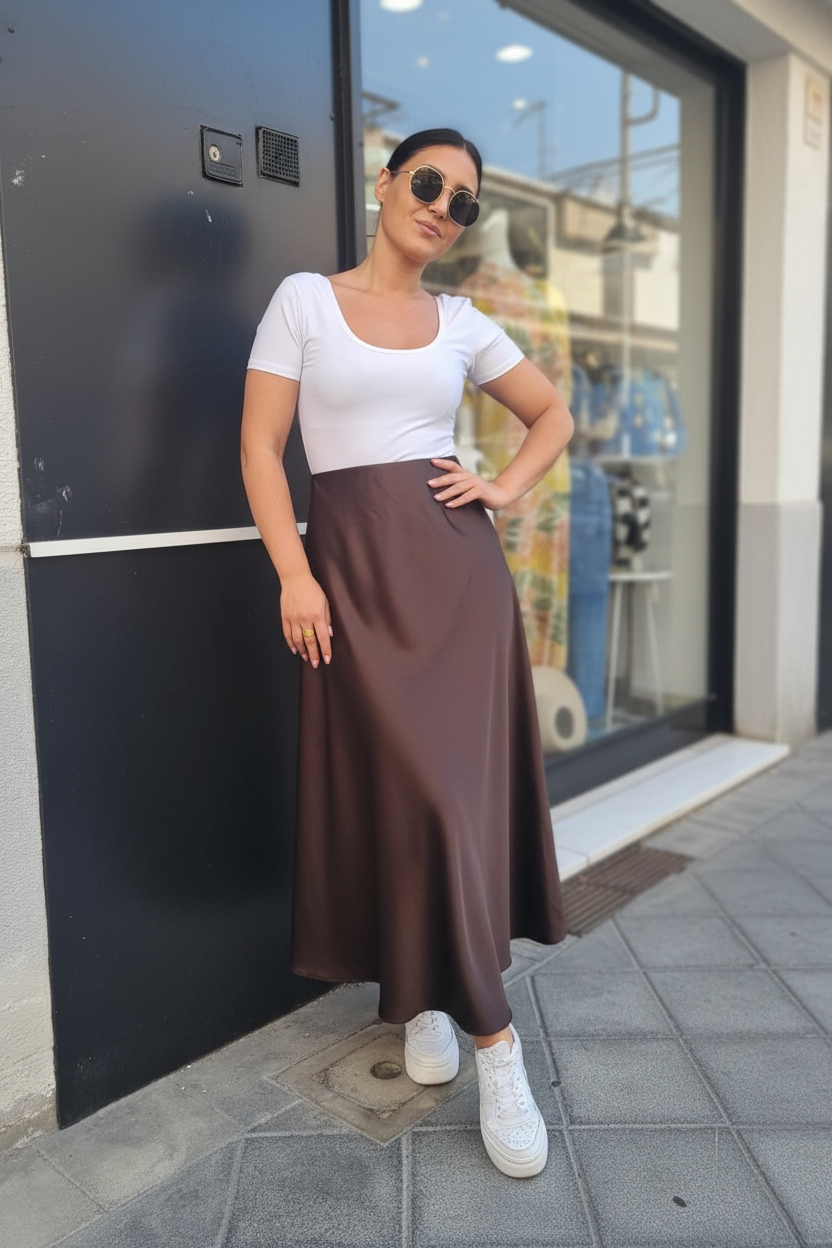 Gonna midi satin marrone cioccolato indossata da modella